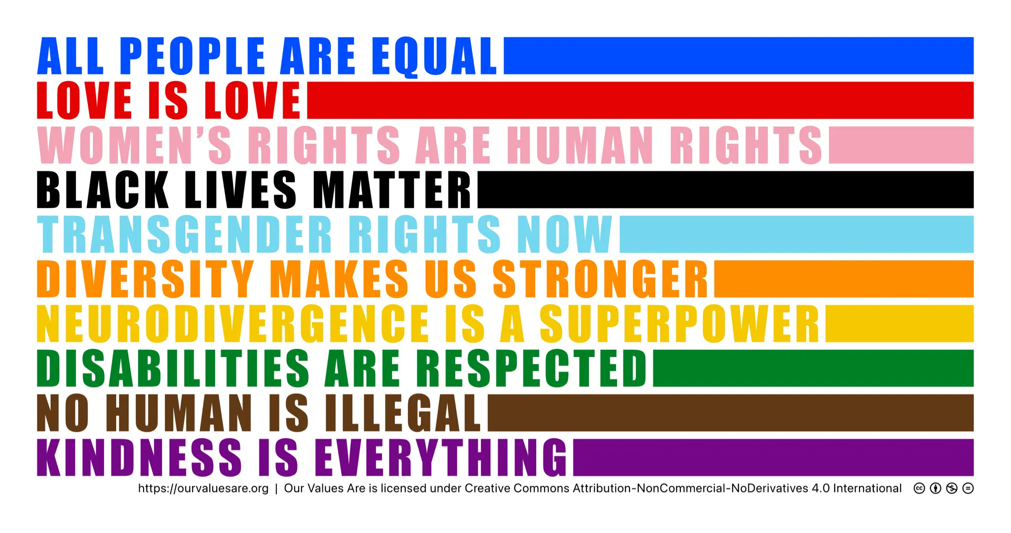OUR VALUES ARE: ALL PEOPLE ARE EQUAL, LOVE IS LOVE, WOMEN'S RIGHTS ARE HUMAN RIGHTS, BLACK LIVES MATTER, TRANSGENDER RIGHTS NOW, DIVERSITY MAKES US STRONGER, NEURODIVERGENCE IS A SUPERPOWER, DISABILITIES ARE RESPECTED, NO HUMAN IS ILLEGAL, KINDNESS IS EVERYTHING.