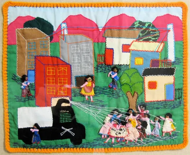 Arpillera tapestry depicting political protest in Chile
